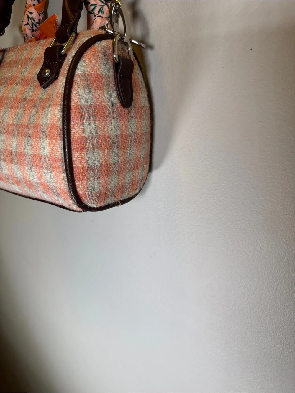 Glen Appin Harris Tweed Wool Satchel Crossbody Bag Pink Plaid + Twilly Charm